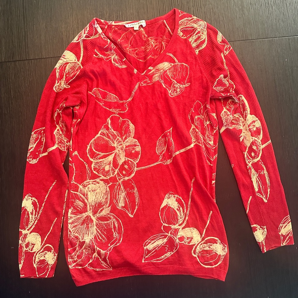 Floral Red V-Neck Sweater - 50/50 Cashmere Silk
